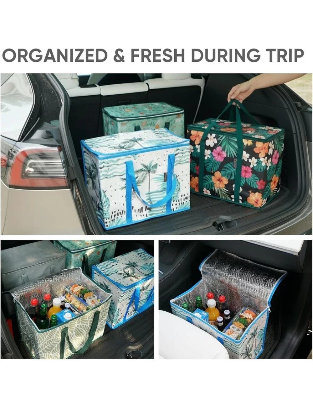 Insulated Floral Print Storage Tote Bag - Green